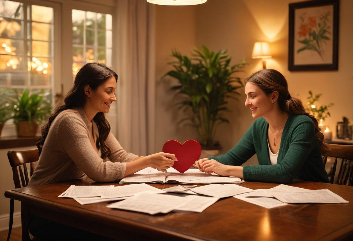 A symbolic representation of love and finances intertwined, featuring a heart shaped like a coin, with a serene couple discussing finances at a cozy dining table filled with financial documents, plants in the background symbolizing growth, and soft lighting creating an intimate atmosphere. vibrant colors. cozy ambiance. super-realistic.