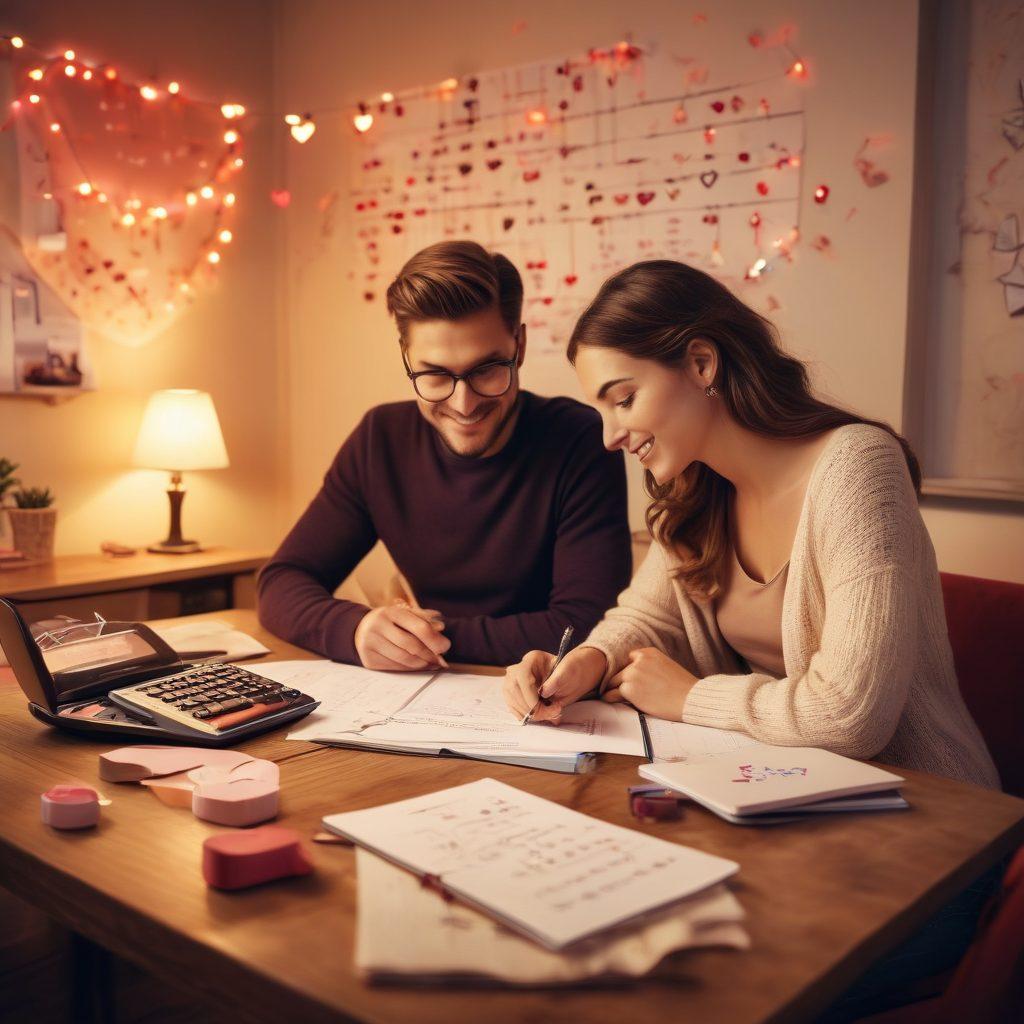 A loving couple sitting together at a table, brainstorming financial plans with a calculator and notepad, surrounded by love symbols like hearts and arrows. They should appear relaxed and happy, showcasing teamwork in their journey towards debt relief. A calming backdrop of a cozy home environment with soft lighting. super-realistic. warm tones.