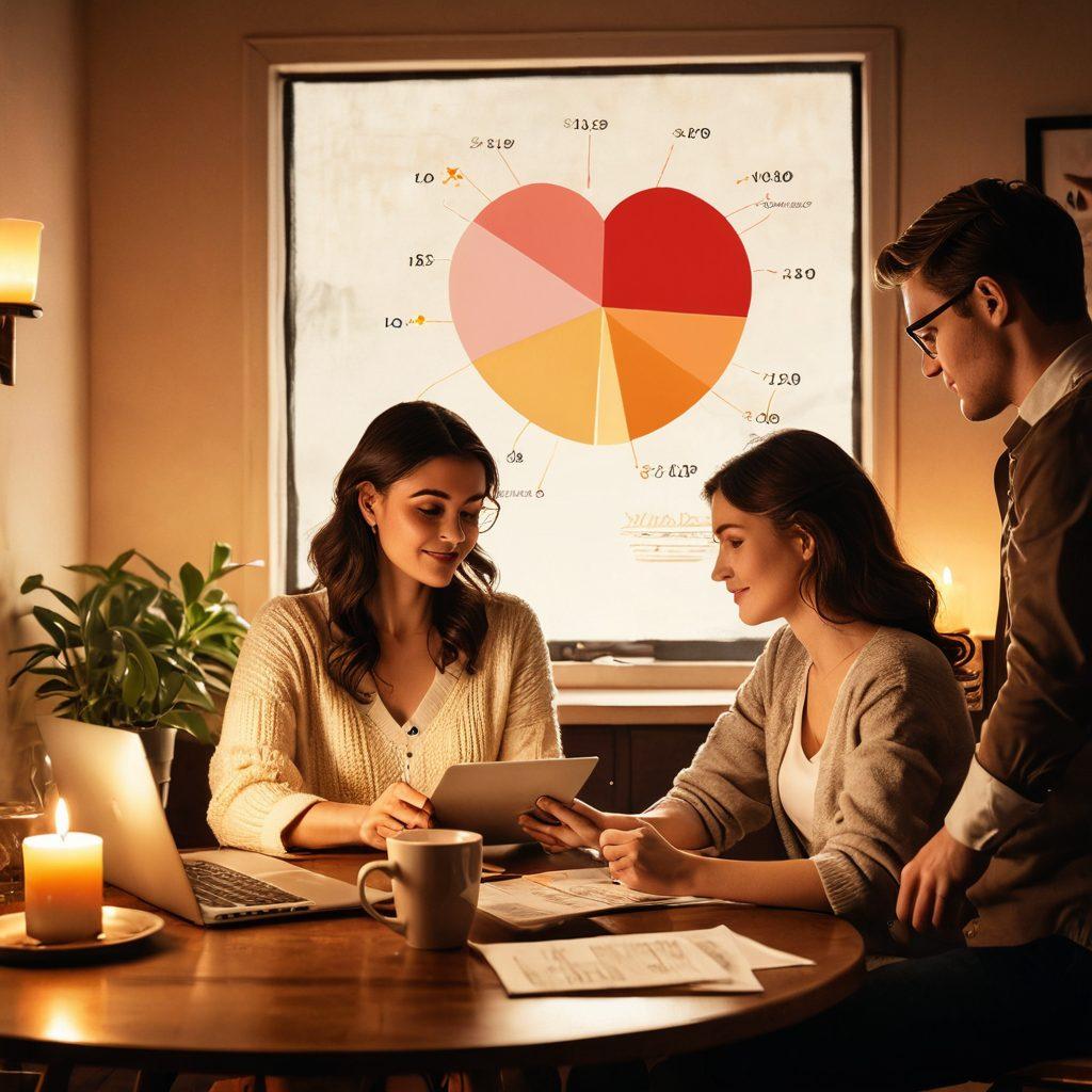 A romantic setting featuring a couple engaged in a financial planning session, surrounded by cozy candles and soft lighting. They are looking at a laptop with graphs and charts, while a beautiful heart-shaped pie chart symbolizes their financial goals. A small plant and coffee cups add warmth to the scene, emphasizing the blend of love and finance. vintage illustration. warm tones. cozy atmosphere.